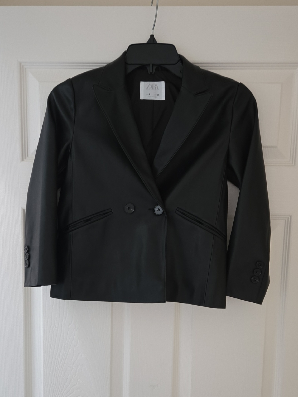 Zara Black Faux-Leather Double-Button Blazer